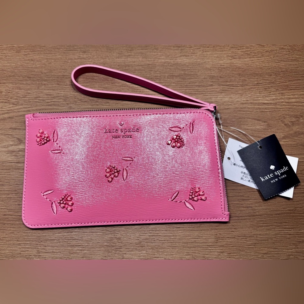 Kate Spade Lucy Floral Vibrant Pink Wristlet with Floral Embroidery